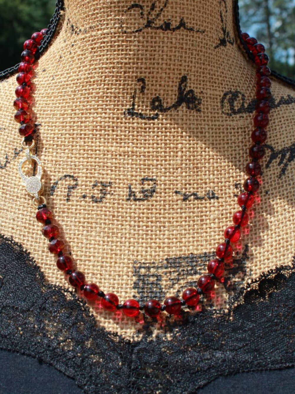Red Garnet Beaded Necklace with Pave Clasp